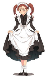  apron blush breasts brown_eyes brown_hair closed_mouth dragon_quest dragon_quest_viii dress earrings female jessica_albert jewelry long_hair looking_at_viewer maid maid_headdress miyama_(kannsannn) simple_background solo twintails white_background 