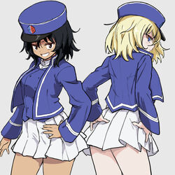  2girls andou_(girls_und_panzer) bc_freedom_(emblem) bc_freedom_military_uniform black_hair blue_headwear blue_jacket blue_vest brown_eyes commentary dark-skinned_female dark_skin dress_shirt emblem from_behind frown girls_und_panzer grey_background grin hand_on_own_hip hands_on_own_hips hat high_collar highres jacket kepi light_blush long_sleeves looking_at_viewer looking_back medium_hair messy_hair military military_hat military_uniform miniskirt multiple_girls oshida_(girls_und_panzer) pleated_skirt shirt simple_background skirt smile standing uasi uniform vest white_shirt white_skirt 