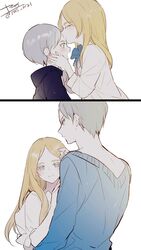  1boy back blonde_hair blue_eyes blue_hoodie blue_sweater blush brother_and_sister female forehead_kiss from_side grey_hair haiba_arisa haiba_lev haikyuu!! hood hoodie kissing lolicon long_hair long_sleeves looking_at_viewer multiple_views panels shirt short_hair siblings simple_background sweater upper_body white_background white_shirt yasai_(getsu) younger 