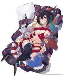  bare_shoulders bikini black_hair black_thighhighs bound bound_wrists breasts candy candy_cane christmas cleavage closed_mouth criss-cross_halter famae_saf female food frown fur_trim girls&#039;_frontline gun halterneck highres horns knee_up large_breasts long_hair looking_at_viewer lying multi-strapped_bikini multicolored_hair navel official_alternate_costume official_art on_back ponytail ranyu red_bikini red_ribbon restrained ribbon saf_(cozy_winter_deliverer)_(girls&#039;_frontline) saf_(girls&#039;_frontline) solo streaked_hair string_bikini submachine_gun swimsuit thighhighs two-tone_hair weapon yellow_eyes 