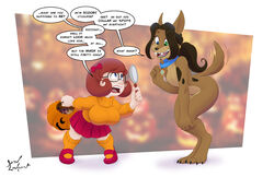  2015 anthro big_breasts bottomwear breasts brown_body brown_fur brown_hair canid canine canis clothing collar collar_only cosplay daisy_(jklind) dialogue digitigrade domestic_dog duo english_text eyewear female food fruit fur glasses hair halloween hanna-barbera holidays human jklind looking_up mammal mary-anne_(jklind) mythological_canine mythological_creature mythology nude plant pumpkin ribbons scooby-doo scooby-doo_(series) short_hair short_stack simple_background skirt standing tail tail_motion tailwag text velma_dinkley were werecanid werecanine werewolf 