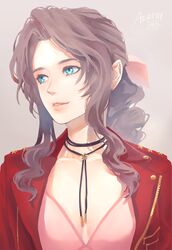  aerith_gainsborough aqua_eyes braid braided_ponytail breasts brown_hair character_name choker cleavage demi_co dress female final_fantasy final_fantasy_vii final_fantasy_vii_remake flower_choker grey_background hair_ribbon highres jacket long_hair looking_to_the_side medium_breasts parted_bangs parted_lips pink_dress pink_ribbon red_jacket ribbon sidelocks smile solo upper_body wavy_hair 