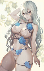  arm_up bare_arms bare_shoulders bikini black_eyes blue_flower breasts cleavage commission covered_nipples cowboy_shot criss-cross_halter eyelashes female flower grey_hair hair_between_eyes halterneck highleg highleg_bikini highres large_breasts long_eyelashes long_hair looking_at_viewer matsumoto_mitsuaki navel original parted_lips rose solo stomach string_bikini swimsuit thigh_strap thighhighs thighs very_long_hair white_bikini white_thighhighs 