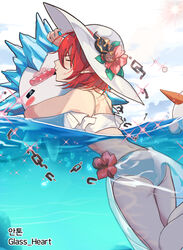  back bikini closed_eyes cloud dungeon_and_fighter female floating food glint hand_on_headwear hat hug kasy korean_commentary mage_(dungeon_and_fighter) popsicle see-through see-through_skirt skirt solo summoner_(dungeon_and_fighter) swimsuit water 