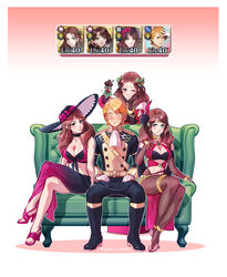  1boy 3girls absurdres ascot bikini blush braid breasts bridal_gauntlets bridal_legwear brown_hair cleavage commentary couch crossed_legs dorothea_arnault dorothea_arnault_(plegian) dorothea_arnault_(summer) dorothea_arnault_(winter) english_commentary ferdinand_von_aegir fire_emblem fire_emblem:_three_houses fire_emblem_heroes fire_emblem_warriors:_three_hopes floof_n_wool gameplay_mechanics garreg_mach_monastery_uniform green_eyes hair_ornament harem hat high_heels highres holly long_skirt multiple_girls multiple_persona nail_polish official_alternate_costume official_alternate_hairstyle orange_hair pantyhose sandals sitting skirt straight sun_hat swimsuit toenail_polish toenails toes 