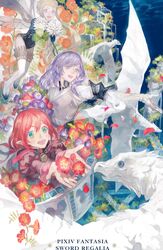  1boy 2girls androgynous bad_id bad_pixiv_id blonde_hair blue_eyes borrowed_character clover copyright_name dragon fairy fairy_wings fantasy flower green_eyes grey_eyes heterochromia highres holding holding_flower juliet_sleeves licorice_(pixiv_fantasia) long_hair long_sleeves mini_person minigirl multiple_girls muneate nishihara_isao orange_flower pixiv_fantasia pixiv_fantasia_sword_regalia pointy_ears puffy_sleeves purple_eyes purple_flower purple_hair r-riru_(pixiv_fantasia) red_flower red_hair ribbed_sleeves serini_(pixiv_fantasia) short_hair short_hair_with_long_locks sidelocks smile thighhighs wings wyvern yellow_eyes 