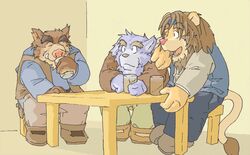  2006 anthro archived_source bottomwear brown_body brown_fur canid canine canis closed_eyes clothing domestic_dog drinking felid fur gombee group humanoid_hands kemono lion male mammal pantherine pants shirt sitting slightly_chubby suid suina sus_(pig) topwear wild_boar 