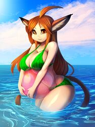  3:4 animal_humanoid big_breasts bikini bikini_bottom bikini_top breasts clothing cloud felid felid_humanoid female food_print general-irrelevant hair hi_res humanoid long_hair looking_at_viewer mammal mammal_humanoid navel outside smile solo sun swimwear water watermelon_bikini wet 