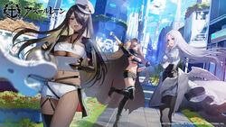  3girls asymmetrical_legwear azur_lane bikini black_bikini black_gloves black_hair blonde_hair blue_eyes bon_homme_richard_(azur_lane) boots breasts cleavage collar commentary_request dark_skin dress drone fingerless_gloves gloves green_eyes hat highres hornet_(azur_lane) hornet_ii_(azur_lane) kuga_huna large_breasts long_hair looking_at_viewer multiple_girls navel northampton_(azur_lane) northampton_ii_(azur_lane) official_art one_eye_covered open_mouth outdoors pantyhose short_shorts shorts stomach swimsuit thigh_strap thighhighs twintails uneven_legwear very_long_hair white_dress white_hair wings yorktown_(azur_lane) yorktown_ii_(azur_lane) 