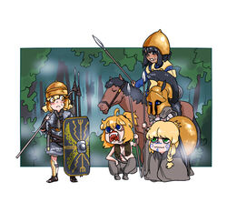  5girls ahoge angry armor bags_under_eyes barbarian black_eyes black_hair blanket blonde_hair blue_eyes braid celtic corinthian_helmet dark-skinned_female dark_skin dongsa_wonhyong facepaint fangs forest green_eyes helmet holding holding_polearm holding_shield holding_weapon horse horseback_riding javelin_(spear) legionnaire long_hair medium_hair multiple_girls nature nervous open_mouth original over_shoulder pilum plume polearm ponytail riding roman_armor roman_empire shield single_braid spear squatting standing sweat topless wavy_mouth weapon white_background worried yellow_eyes 