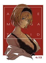  alice_margatroid bare_shoulders black_bra black_hairband blue_eyes bra breasts brown_hair cleavage collarbone commentary cropped_torso expressionless female hairband highres kaoru_(alicemakoto) large_breasts long_neck looking_at_viewer off_shoulder open_clothes parted_lips pink_lips red_background short_hair solo text_background touhou two-tone_background underwear upper_body 