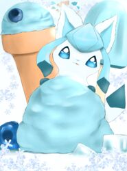  absurd_res ambiguous_gender berry blue_ears blue_eyes blue_sclera blueberry_(disambiguation) blueberry_(fruit) dessert eeveelution feral food fruit fur fur_markings generation_4_pokemon glaceon hi_res ice ice_cream ice_cream_cone ice_cube looking_at_viewer mammal markings nintendo open_mouth outline plant pokemon pokemon_(species) simple_background smile snoiifoxxo snowflake solo white_body white_fur 