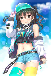  :d aqua_nails aqua_thighhighs asymmetrical_legwear bare_shoulders belt black_nails black_shirt blue_shorts blurry breasts brown_eyes brown_hair clothes_writing cloud commentary_request cowboy_shot crop_top crop_top_overhang cutoffs day denim denim_shorts earrings female glint hair_between_eyes hand_up highres idolmaster idolmaster_cinderella_girls idolmaster_cinderella_girls_starlight_stage jacket jewelry kerchief lens_flare long_hair long_sleeves looking_at_viewer medium_breasts midriff mismatched_legwear mole mole_under_eye multicolored_nails navel off_shoulder open_clothes open_jacket open_mouth outdoors sharp_teeth shirt short_shorts shorts sidelocks smile solo standing stomach sunazuka_akira sunlight tank_top teeth thighhighs torn_clothes torn_thighhighs two_side_up visor_cap white_jacket yellow_legwear yoshikita_popuri 