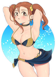  bikini blush breasts brown_eyes brown_hair choker cleavage commentary_request dragon_quest dragon_quest_viii earrings female jessica_albert jewelry long_hair looking_at_viewer magic_bikini_(dq) midriff miyama_(kannsannn) navel solo stomach swimsuit 