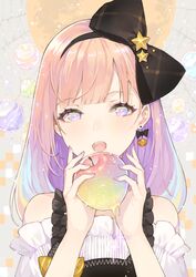  :o abstract_background apple black_bow black_hairband blunt_bangs blush bow bow_earrings bright_pupils commentary earrings female food forever_7th_capital fruit hairband hairbow holding holding_food holding_fruit jewelry khj long_hair looking_at_viewer melting multicolored_hair nail_polish off-shoulder_shirt off_shoulder open_mouth pink_nails purple_eyes rainbow_hair ririko_(forever_7th_capital) shirt solo star_(symbol) symbol-only_commentary upper_body white_shirt 