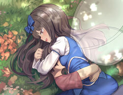  1boy blue_bow blue_skirt blue_vest blunt_bangs bow breasts brown_eyes brown_hair commission fairy_wings female grass hair_spread_out hairbow hug isemori leaf long_sleeves lying on_ground on_side shirt skirt skirt_set small_breasts smile star_sapphire straight touhou transparent_wings vest white_shirt wings 