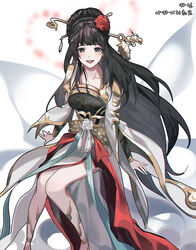  armor armored_dress bare_legs black_hair braid dungeon_and_fighter female female_priest_(dungeon_and_fighter) hair_ornament kasy korean_commentary long_hair long_sleeves needle open_mouth shaman_(dungeon_and_fighter) sitting smile solo teeth white_background 