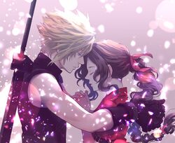  1boy aerith_gainsborough aqua_eyes armor arms_around_back black_gloves blonde_hair braid braided_ponytail brown_hair buster_sword closed_eyes cloud_strife demi_co dress female final_fantasy final_fantasy_vii final_fantasy_vii_remake gloves grey_background hair_between_eyes hair_ribbon half-closed_eyes highres jacket long_hair own_hands_clasped own_hands_together parted_bangs pink_dress pink_ribbon praying red_jacket ribbon short_hair short_sleeves shoulder_armor sidelocks single_bare_shoulder sleeveless sleeveless_turtleneck spiked_hair turtleneck upper_body weapon weapon_on_back 