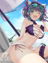  ;d aqua_eyes azur_lane bikini black_choker black_hair blue_hair blue_sky blunt_bangs breasts bridal_garter cheshire_(azur_lane) cheshire_(summery_date!)_(azur_lane) choker cleavage cloud commentary_request day eyewear_on_head female hair_ornament large_breasts looking_at_viewer multicolored_hair navel oerba_yun_fang official_alternate_costume one_eye_closed open_mouth outdoors parasol shiruko_(27anko) short_hair sitting skin_fang sky smile solo sunglasses swimsuit thighs two-tone_hair umbrella 