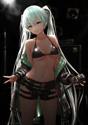  :d absurdres aqua_hair backlighting bare_shoulders belt belt_buckle bikini bikini_top_only black_bikini black_shorts breasts buckle cleavage collarbone commentary cowboy_shot curvy eyebrows_hidden_by_hair eyelashes female gibun_(sozoshu) green_eyes green_nails hatsune_miku head_tilt highres holding holding_microphone_stand indoors light_particles long_hair long_sleeves looking_at_viewer medium_breasts microphone_stand midriff nail_polish navel no_shirt open_mouth revision short_shorts shorts shure_55sh smile solo stomach swimsuit thighs tsurime twintails v very_long_hair vocaloid 