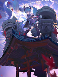  absurdly_long_hair absurdres aqua_eyes aqua_hair aqua_necktie architecture bare_shoulders bell black_skirt black_sleeves black_thighhighs blue_sky blurry boots cloud cloudy_sky commentary day depth_of_field detached_sleeves east_asian_architecture falling_leaves female grey_shirt hair_ornament halo hatsune_miku highres holding holding_microphone leaf leaning_forward lion long_hair looking_to_the_side making-of_available maple_leaf microphone midorimura_naoki necktie on_roof outdoors outstretched_arm reaching reaching_towards_viewer shirt skirt sky sleeveless sleeveless_shirt smile solo statue thigh_boots thighhighs twintails very_long_hair vocaloid wide_shot zettai_ryouiki 