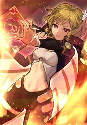  black_pants blonde_hair book cape citrinne_(fire_emblem) clothing_cutout commentary_request female fire_emblem fire_emblem_engage hair_ornament highres holding holding_book leggings long_sleeves midriff navel pants r123 red_eyes sage_outfit_(fire_emblem_engage) short_hair solo stomach stomach_cutout 