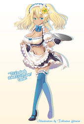  anniversary apron artist_name bare_shoulders black_skirt blonde_hair blue_bow blue_eyes blue_thighhighs bow breasts cleavage crop_top crossed_legs dark-skinned_female dark_skin detached_sleeves female flower frilled_shirt frills full_body hair_flower hair_ornament high_heels highleg holding holding_tray large_breasts long_hair looking_at_viewer maid maid_apron maid_headdress mary_janes midriff navel sennen_sensou_aigis shirt shoes simple_background skirt skirt_hold solo standing thighhighs tokinon tray vivian_(sennen_sensou_aigis) waist_apron watson_cross white_background wrist_cuffs zettai_ryouiki 