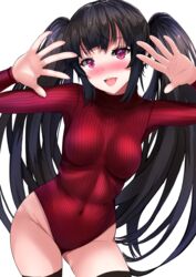  black_hair black_legwear blush breasts commentary_request covered_navel cowboy_shot female heattech_leotard highres leaning_forward leotard long_hair looking_at_viewer medium_breasts nose_blush open_hands open_mouth original red_eyes red_leotard ribbed_leotard simple_background solo sukesan teeth thighhighs turtleneck twintails upper_teeth white_background 