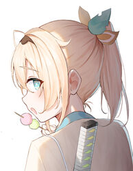  absurdres blonde_hair blue_eyes dango female food from_behind hair_between_eyes hair_ribbon hairband haori highres hololive jacket japanese_clothes kazama_iroha kazama_iroha_(1st_costume) looking_at_viewer medium_hair open_mouth orenji_(user_fknw7775) ponytail ribbon solo upper_body virtual_youtuber wagashi white_jacket 