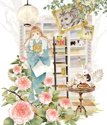  animal bad_id bad_pixiv_id blue_kimono book bookshelf braid bread brown_eyes brown_hair camellia clothed_animal commentary_request cup feline female flower food frog goat hugging_object indoors japanese_clothes kimono kyouraku_no_mori_no_alice lace-trimmed_sleeves lace_trim ladder lantern long_hair long_sleeves niwa_haruki official_art open_mouth painting_(object) pink_flower pouring rabbit raisin_bread sandals saucer smile solo standing table teacup teapot twin_braids wide_sleeves 