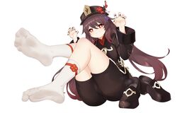  absurdres black_nails brown_hair chashuwu claw_pose coat feet female flower flower-shaped_pupils genshin_impact grin hands_up hat hat_flower highres hu_tao_(genshin_impact) jewelry legs long_hair long_sleeves multiple_rings nail_polish no_shoes porkpie_hat red_eyes ring shoes smile socks soles solo symbol-shaped_pupils tassel toes unworn_shoes white_background white_socks 