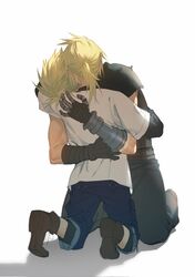  2boys aged_down armor bandaged_arm bandages belt black_shirt blonde_hair blue_pants brown_footwear brown_gloves cloud_strife final_fantasy final_fantasy_vii final_fantasy_vii_remake gloves highres hug kneeling male_focus medium_hair multiple_belts multiple_boys pants ponytail shirt shirt_under_shirt short_hair shoulder_armor spiked_hair t-shirt time_paradox white_background xianyu314 