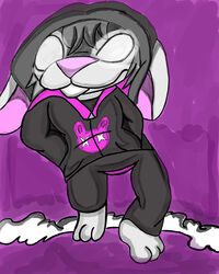  4:5 absurd_res anthro barefoot clothing feet glowing glowing_eyes hi_res hoodie jaythefox333 lagomorph leporid levitation long_ears male mammal pockets purple_background rabbit simple_background smoke solo topwear zack_(thezackrabbit) 