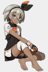  &gt;:( barefoot bea_(pokemon) black_gloves black_hairband black_ribbon closed_mouth clothes_writing commentary_request covered_navel crop_top dark-skinned_female dark_skin feet female full_body gloves grey_eyes grey_hair hair_between_eyes hair_ribbon hairband highres holding holding_poke_ball knee_pads looking_at_viewer miniskirt poke_ball poke_ball_(basic) pokemon pokemon_swsh ribbon shibainu shirt short_hair short_sleeves simple_background sitting skirt soles solo sweatband thick_eyebrows toes v-shaped_eyebrows white_background white_shirt white_skirt 