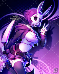  absurdres alina_l animal_ears bandaid_on_thigh breasts buckle choker colored_skin crop_top female heart heart-shaped_buckle highres holding holding_knife holding_weapon knife mask midriff neon_violet neon_white purple_hair rabbit_ears rabbit_mask shoes short_hair skirt sneakers thighhighs v weapon white_skin 