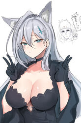  1other animal_ear_fluff animal_ears black_choker black_dress black_gloves blue_archive breasts choker cleavage closed_mouth collarbone commentary_request double_v dress extra_ears female flying_sweatdrops gloves grey_eyes grey_hair hair_between_eyes hair_ornament hands_up hat highres large_breasts long_hair looking_at_viewer mitre nameless_priest_(blue_archive) nyakonro_(nekonro) pointing shiroko_(blue_archive) shiroko_terror_(blue_archive) simple_background translation_request upper_body v very_long_hair white_background wolf_ears 