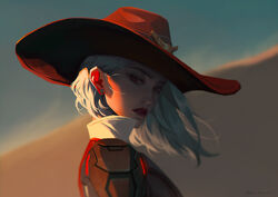  ashe_(overwatch) ashes c_home collared_shirt ear_piercing female from_side hat jewelry lipstick looking_at_viewer makeup overwatch overwatch_1 piercing red_eyes shirt short_hair solo sun_hat white_hair 