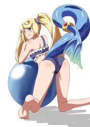  ass back ball barefoot bikini blonde_hair blue_bikini closed_mouth exercise_ball feet female foot_out_of_frame frilled_bikini frills green_eyes kageyasu leaning_forward legs licking_lips long_hair looking_at_viewer looking_back shadow sheba_(xenoblade) simple_background single-shoulder_bikini single_strap smile soles solo swimsuit tail tongue tongue_out very_long_hair white_background xenoblade_chronicles_(series) xenoblade_chronicles_2 