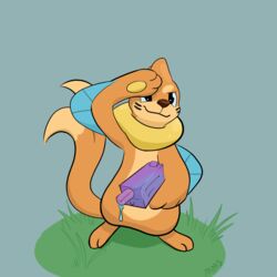  1:1 buizel feral fur generation_4_pokemon grass hi_res mackmcstacks male nintendo orange_body orange_fur plant pokemon pokemon_(species) solo toy toy_gun water water_gun 