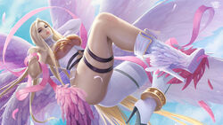  angel angewomon arm_behind_head ass blonde_hair blue_eyes blue_sky breasts cloud commentary day digimoji digimon digimon_(creature) elbow_gloves english_commentary falling_feathers feathered_wings feathers female gloves hands_up high_heels highres lips long_hair looking_at_viewer multiple_wings outdoors patreon_username prywinko signature sky solo white_footwear white_gloves white_wings wings 