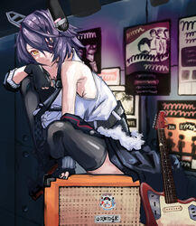  amplifier bare_shoulders black_gloves black_thighhighs breasts checkered_clothes checkered_necktie eyepatch female fender_jaguar fingerless_gloves gloves guitar hair_over_one_eye headgear highres indoors instrument kantai_collection large_breasts looking_at_viewer necktie orange_amplifiers panda_(heart_sink) partially_fingerless_gloves poster_(object) purple_hair shirt short_hair sitting sleeveless sleeveless_shirt solo tenryuu_(kancolle) tenryuu_kai_ni_(kancolle) thighhighs yellow_eyes 