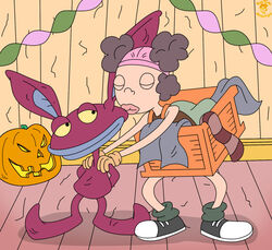  aaahh!!!_real_monsters bigtyme black_eyes brown_hair ceiling_decoration closed_eyes clothing duo female food fruit hair halloween hanging_streamer hi_res holidays ickis inside jack-o&#039;-lantern kissing laundry_hamper_girl male nickelodeon on_model plant pumpkin purple_body purple_skin smile streamers underwear underwear_on_head yellow_sclera 