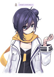  alternate_hairstyle aris_(blue_archive) blue_archive blue_eyes closed_mouth closers commentary deadnooodles eunha_(closers) female hair_between_eyes hand_up highres jacket korean_text long_sleeves open_clothes open_jacket purple_hair scarf simple_background solo symbol-only_commentary translation_request white_background white_jacket yellow_scarf 