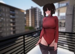  :&lt; bad_id bad_pixiv_id balcony black_eyes black_hair blurry blurry_background blush breasts brown_pants building city closed_mouth clothes_pull cowboy_shot day depth_of_field female heattech_leotard highres impossible_clothes impossible_leotard jewelry large_breasts leotard long_sleeves looking_at_viewer mature_female meme_attire original outdoors pants pants_pull ponytail red_leotard ring short_hair sidelocks solo souryu standing undressing wedding_ring 