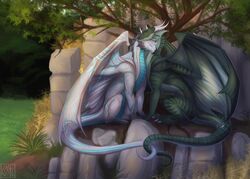  2019 claws day detailed_background digital_media_(artwork) dragon european_mythology female feral forest grass green_body green_scales grey_body grey_scales hondra horn male membrane_(anatomy) membranous_wings mythological_creature mythological_scalie mythology outside plant pryzm rock scales scalie silvyr sitting spines tail tree western_dragon wings 