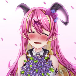  artist_name asymmetrical_horns bare_shoulders blush bouquet bow closed_eyes colored_inner_hair commentary_request crying curled_horns demon_girl demon_horns female flower gradient_background hair_ornament hair_ribbon hairclip headphones headphones_around_neck holding holding_bouquet hololive horn_bow horn_ornament horns long_hair mano_aloe multicolored_hair nose_blush open_mouth pink_hair pointy_ears ribbon sleeveless smile solo streaming_tears tears two-tone_hair uneven_horns upper_body virtual_youtuber zero130 