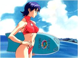  1990s_(style) bikini blue_hair bracelet breasts carrying carrying_under_arm cowboy_shot day female flipped_hair hand_on_own_hip jewelry kickboard navel nishino_risa non-web_source ocean official_art outdoors profile red_bikini retro_artstyle short_hair standing swimsuit water yamada_masaki zenkoku_seifuku_bishoujo_grand_prix 