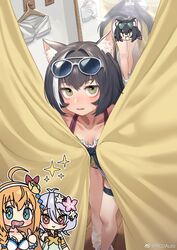  3girls animal_ear_fluff animal_ears bad_id bad_weibo_id bikini black_hair boots breasts cat_ears cat_girl cat_tail censored character_censor clothes_hanger clothing_cutout collarbone curtain_grab curtains eyebrows_hidden_by_hair eyewear_on_head fitting_room green_eyes highres indoors karyl_(princess_connect!) karyl_(summer)_(princess_connect!) kokkoro_(princess_connect!) kokkoro_(summer)_(princess_connect!) leaning_forward long_hair looking_at_viewer looking_up low_twintails mirror multicolored_hair multiple_girls novelty_censor oerba_yun_fang parted_lips pecorine_(princess_connect!) pecorine_(summer)_(princess_connect!) princess_connect! redauto reflection shorts skin_fang small_breasts solo_focus streaked_hair sunglasses sweatdrop swimsuit tail tail_through_clothes thigh_strap trying_on_clothes twintails unworn_shorts very_long_hair weibo_logo weibo_watermark wooden_floor 