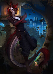  5_fingers anthro asian_mythology barbel_(anatomy) breasts city clothed clothing detailed_background digitigrade dragon east_asian_mythology eastern_dragon female fingers flat_chested flesh_whiskers fur gaiawolfess hi_res horn leaf leaning leaning_backward looking_at_viewer malakhael mythological_creature mythological_scalie mythology night non-mammal_breasts outside plant scalie sky smile solo standing star starry_sky tail tree 