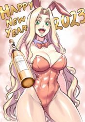  2023 :d abs alternate_costume animal_ears bare_shoulders blonde_hair bottle bow bowtie breasts chin_piercing chinese_zodiac cleavage collarbone commentary detached_collar english_commentary fake_animal_ears fate/grand_order fate_(series) female fingernails green_eyes green_nails happy_new_year highres holding holding_bottle leotard light_blush long_hair nail_polish playboy_bunny quetzalcoatl_(fate) rabbit_ears red_bow red_bowtie red_leotard sharp_fingernails sharp_teeth smile solo strapless strapless_leotard teeth tequila very_long_hair wavy_hair year_of_the_rabbit zantyarz 